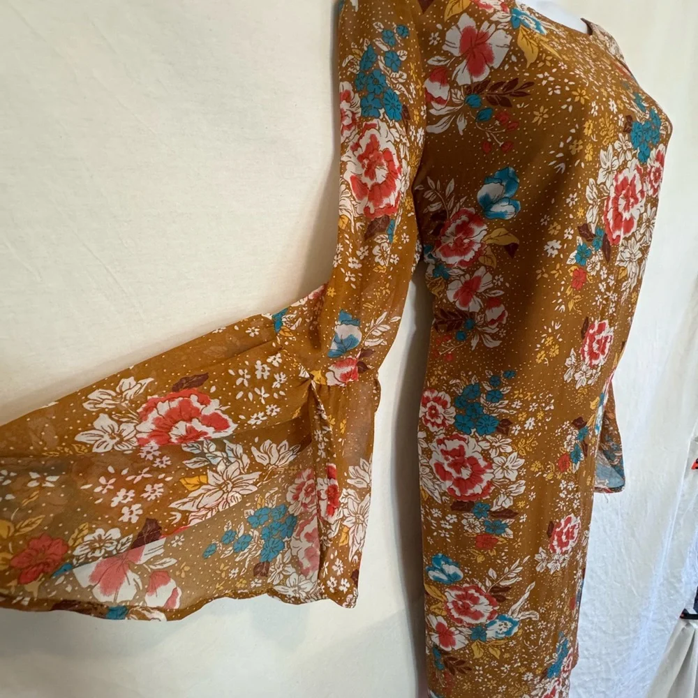 E-187 Charlotte Russe PLUS SIZE 1X Tan Red & Teal Long Bell Sleeve MIDI Dress - Picture 5 of 14